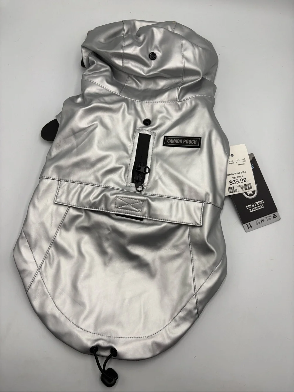 Canada Pooch Cold Front Dog Raincoat Size 14 Silver Waterproof Fleece NWT